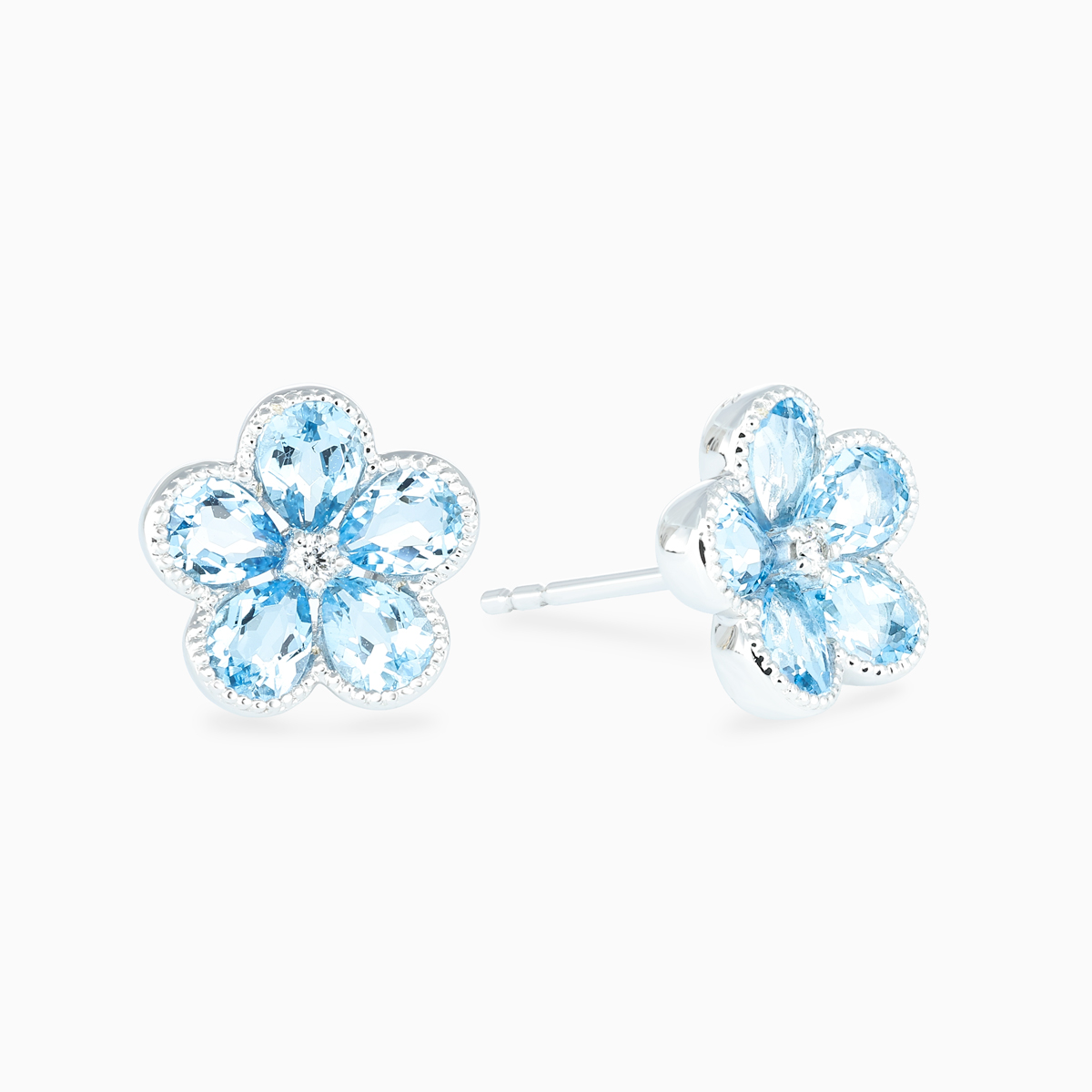Natural Diamond and Blue Topaz Floral Stud Earrings, 14k White Gold